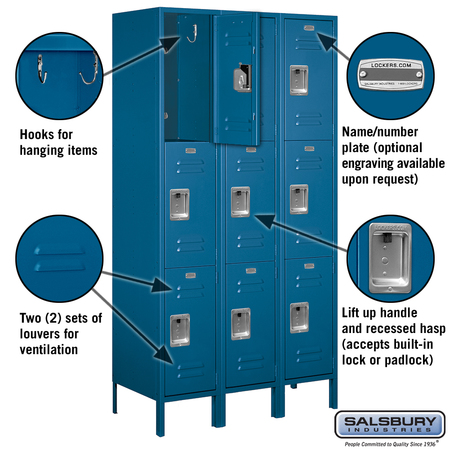 Salsbury Industries Wardrobe Locker, 45" W, 18" D, 78" H, (3) Wide, (9) Openings, Blue 53368BL-U